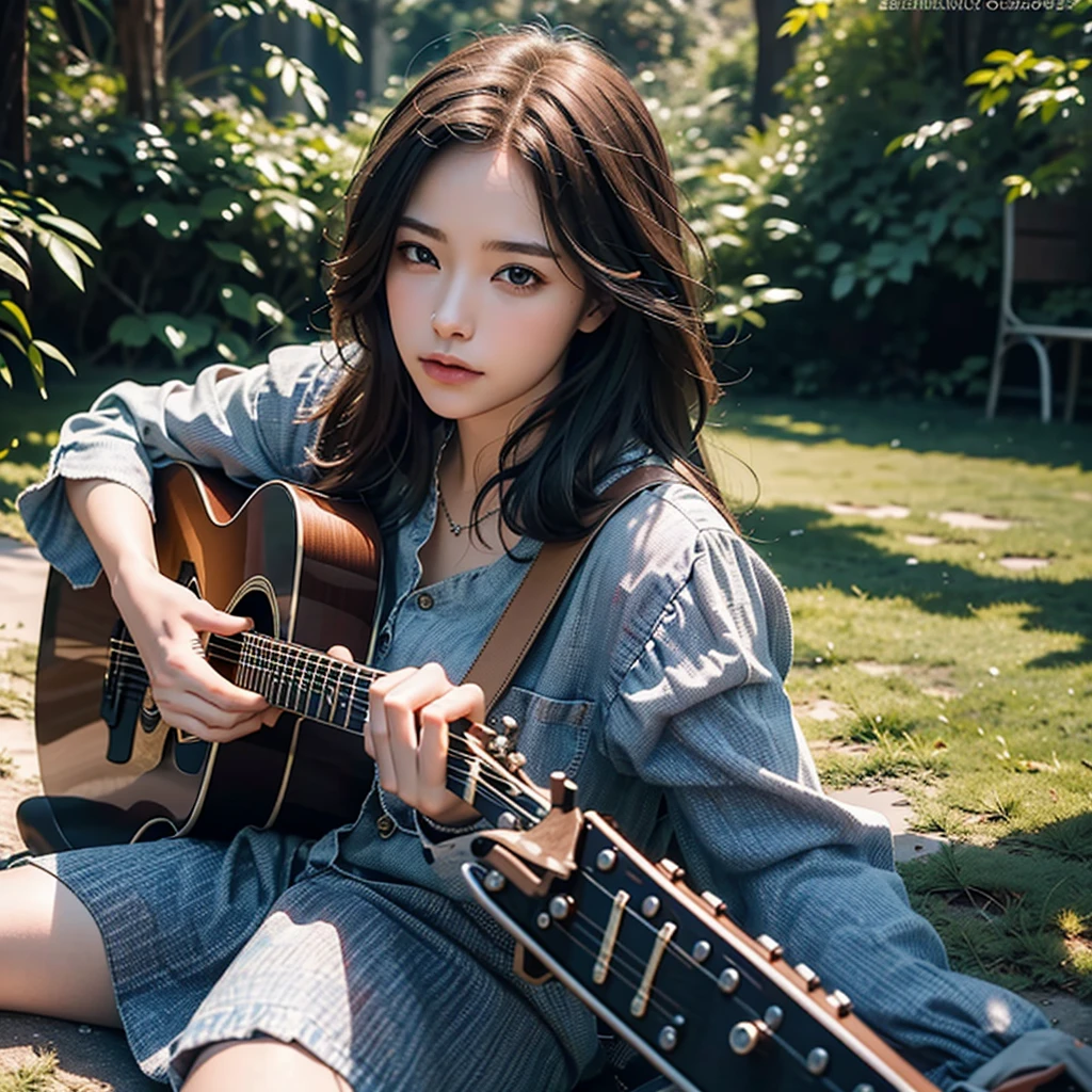 Ultra-Realistic Capture,18k,RAW Photos,Highest quality,masterpiece,reality,Very detailed,Sharp Photos,Very beautiful woman,Acoustic guitar,Magazine Cover,