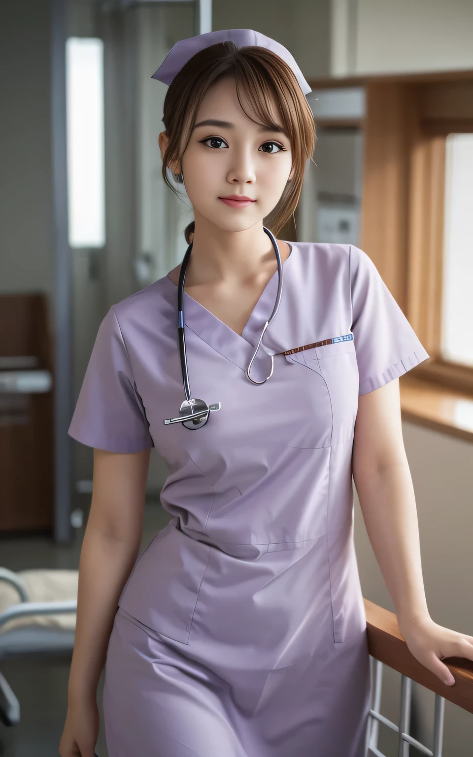 Beauty,  high quality, Complete, In detail, High resolution, 8k wallpaper, whole body, Perfect dynamic composition,  Beautiful attention to detail, Random poses, Charm, Alluring, 20 year's old, round face, (nurse), hospital , single hair bunl