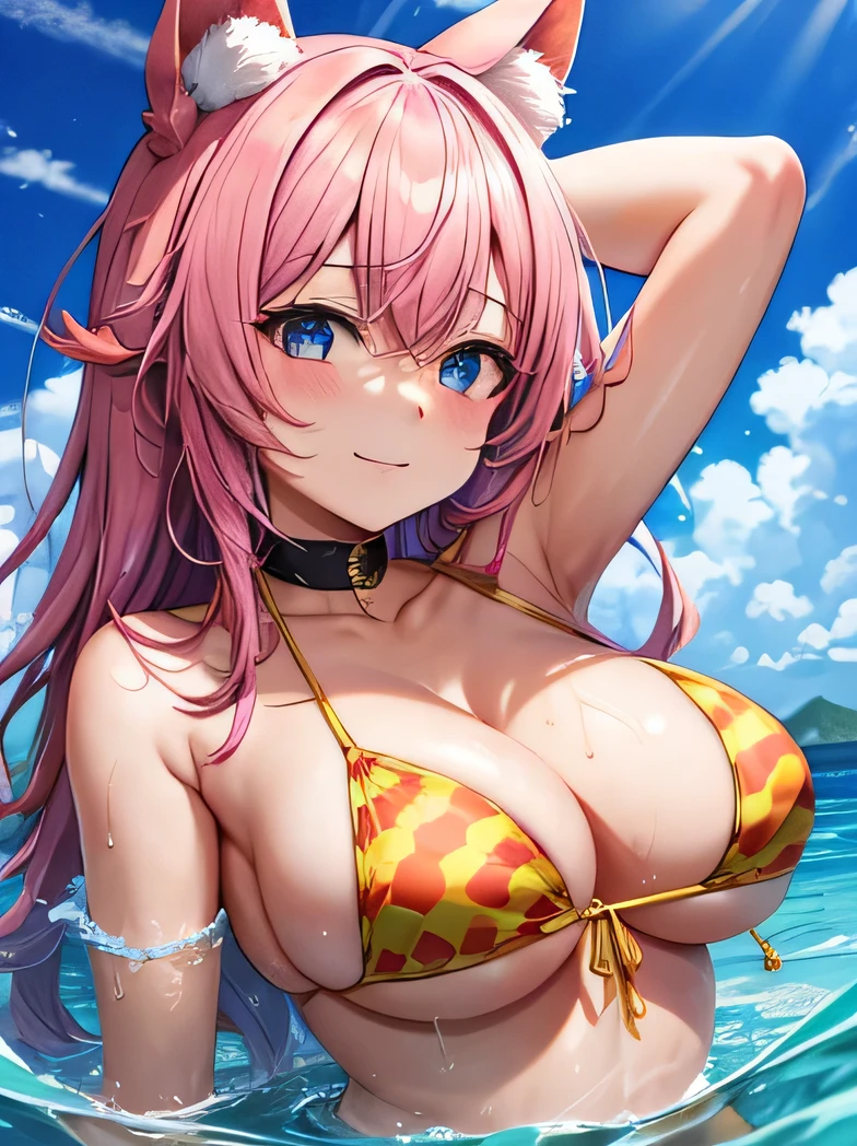 ((big boob)), tiny bikini, squished boob, chubby, belly, big butt, sweaty, cute face, small face, summer, long hair, pink hair, girl, sweaty, blue ocean, blue sky