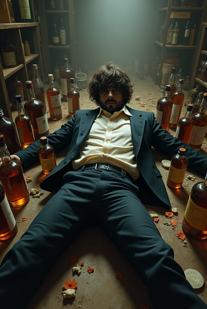 You can make me a drunken gentleman fallen, but you can't see his face and there are many liquor bottles everywhere, don't let his face be seen