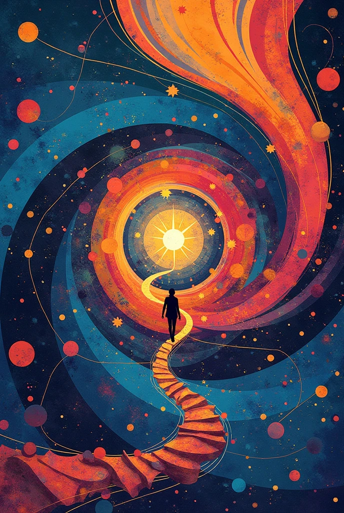 ![image](file-service://file-dnFrhLnWWmXVOlZ7t7HdKntE)

I have created an illustration that represents the themes of the poem. The image uses a spiral pattern that symbolizes the continuing journey of life., and in the spiral are included elements that represent concepts such as exploration, the meaning, the evolution, love, the discovery, and beauty.

Each of these elements is integrated into the spiral to show how they are connected and how they are part of the experience of life.. The abstract and vibrant style seeks to convey the harmony and fluidity between these aspects of existence..