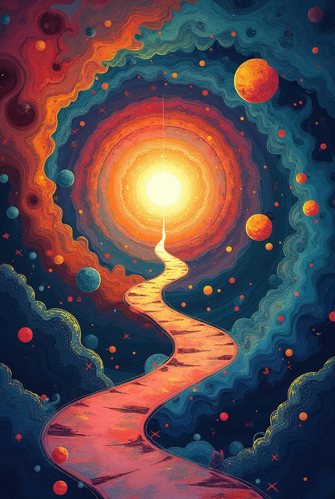 ![image](file-service://file-dnFrhLnWWmXVOlZ7t7HdKntE)

I have created an illustration that represents the themes of the poem. The image uses a spiral pattern that symbolizes the continuing journey of life., and in the spiral are included elements that represent concepts such as exploration, the meaning, the evolution, love, the discovery, and beauty.

Each of these elements is integrated into the spiral to show how they are connected and how they are part of the experience of life.. The abstract and vibrant style seeks to convey the harmony and fluidity between these aspects of existence..