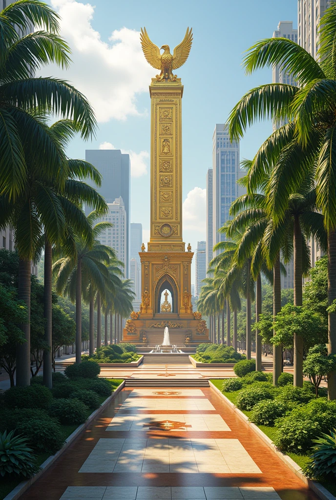 Create a mega plaza with Cuban palm trees and ceibo trees, a large monument to the sun and the condor