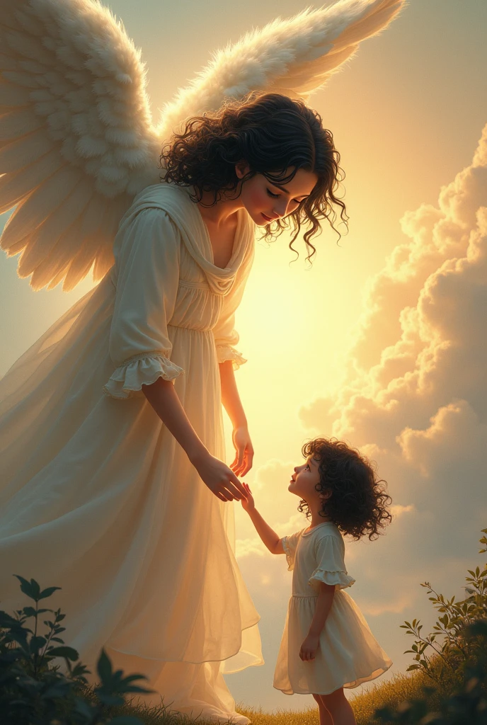 An anglel with curly black hair, pointed chin, fair, with beatiful eyes and smile looking down to the land from the sky and a girl with wavy black hair looking at the angel hair showing her hand to the angel from the land 