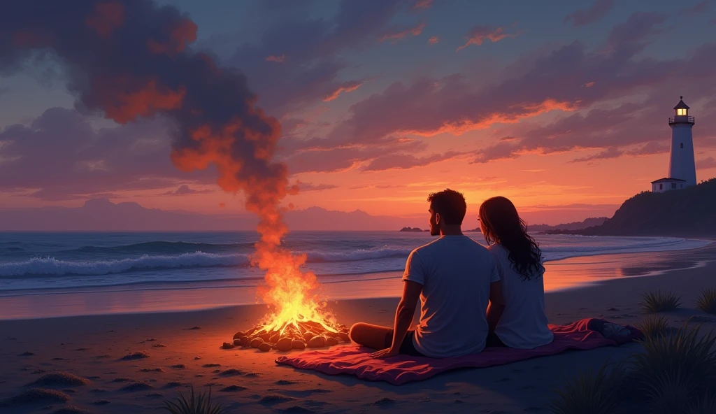 A quiet beach at dusk with a small bonfire crackling in the foreground. A couple sits close together on a blanket, watching the waves gently lap against the shore. The sky is a gradient of orange and purple, and the distant lighthouse casts a soft, rhythmic light.
