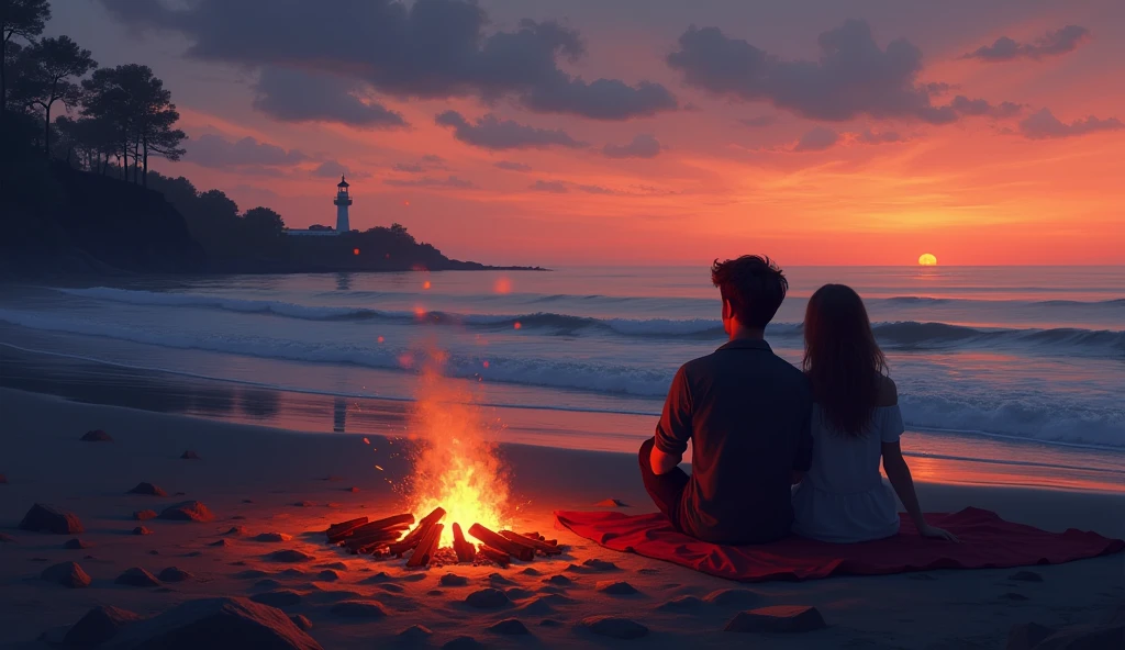 A quiet beach at dusk with a small bonfire crackling in the foreground. A couple sits close together on a blanket, watching the waves gently lap against the shore. The sky is a gradient of orange and purple, and the distant lighthouse casts a soft, rhythmic light.