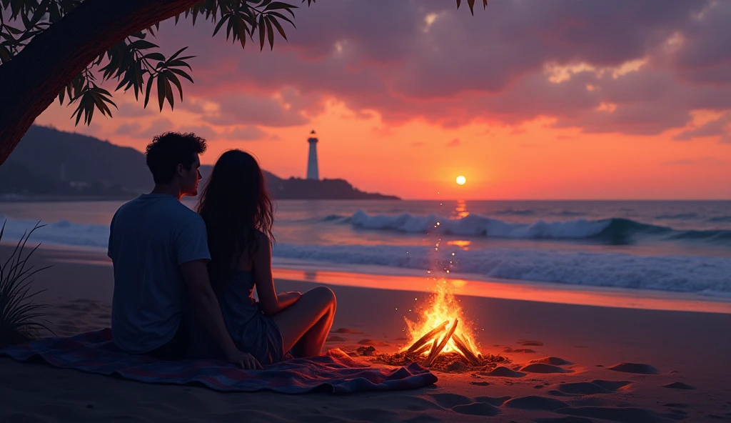 A quiet beach at dusk with a small bonfire crackling in the foreground. A couple sits close together on a blanket, watching the waves gently lap against the shore. The sky is a gradient of orange and purple, and the distant lighthouse casts a soft, rhythmic light.