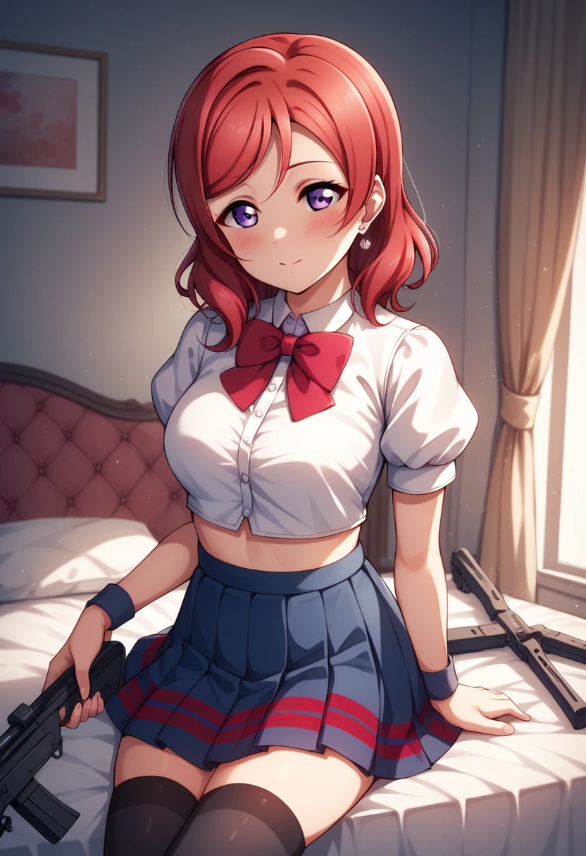(Masterpiece, Best Quality, High Quality), volumetric lighting, illustration, beautiful , Blushing, indoors,solo, perfect lighting, perfect shadows, nishikino maki, love live, purple eyes,red hair, white crop top,short puffy sleeves, blue pleated mini-skirt, wrist crossbow, black underwear,black thighhighs, earrings