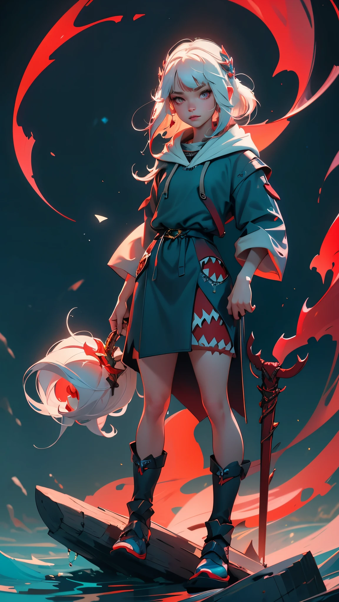 envision a 8k, highres, cinematic, full body design of a short and evil Atlantean girl named Gawr Gura with shoulder length white hair with red highlights and red eyes in a blue shark hoodie holding Poseidon's trident against a dark gray background