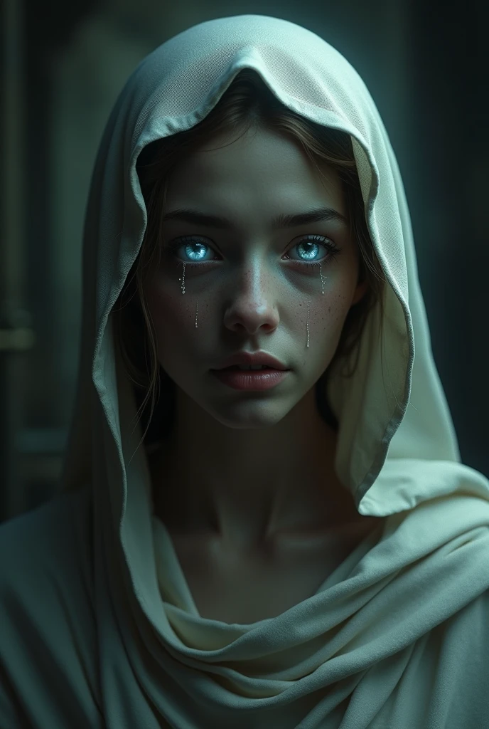 (photorealism:1.2), Virgin Mary the sorrowful with open and white eyes