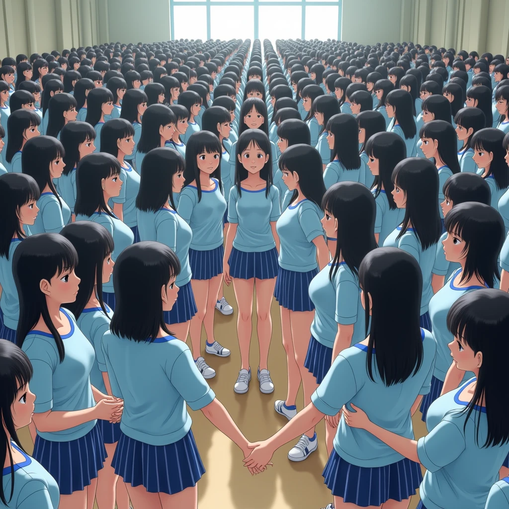 (((((Japanese Clone-girls=Myself))))), (((Super Best Perfect Clone-girls Raw Photography Art), (16K, Highest quality, Ultra-high resolution, Real Photography, RAW quality))), (((It's so unrealistic., An astonishing world view, With an unfathomable sight, In an out-of-this-world situation, In a world where Myself Clone-girls are multiplying in large numbers, Ultra-realistic, Delusion))), (((Japanese Girls, hashimoto-kanna, 17yo, Small face, Thick black hair, Semi-long hair, Dark Eyes, Mature face, Cute Smile, Smiling face, A gentle gaze, (((Very happy laughter)))))), (((Very beautiful detailed girls, Accurate body structure, Accurate body movements, Very detailed body, (((Big Breasts, J-Cup)))))), (((Summer Girls' School Uniform, Light blue shirt, I can see the cleavage, Big Breasts強調, blue and white striped mini skirt))), ((((((((Very detailed, Myself cloning, Depiction of splitting oneself, 1Myself girl-cloning-1,000,000,000,000,000,000,000,000,000,000Myself clone-girls)))))))), (((((((Very detailed clone depiction, (((The same perfect female body as Myself, Myself and the same perfect face, Perfect same hairstyle as Myself, Myself and the perfect same outfit, Perfect height with myself, Myself and perfect J-Cup)))))))))), (((((Myself clone-girls only))))), (((((1,000,000,000,000,000,000,000,000,000,000Myself clone-girls))))), (((Very detailed, Extremely crowded, Body-to-body contact with no gaps))), (Bright and soft lighting), (((((Clear and accurate perspective depiction, super wide view, Ultra-wide field of view, Focus on the average value of the image))))), (((((Myself clone-girls, With very detailed depiction, Pleasant conversation, Holding hands, Hug, Skinship between thousands of Myselves))))), School building, classroom, corridor, Lounge, Atrium Hall, spiral stage, Elevator, gym, School Assembly, after school