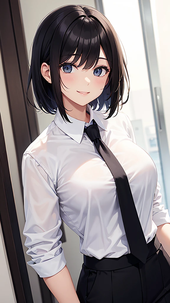 A woman wearing a white shirt and black slacks　tie　smile　　