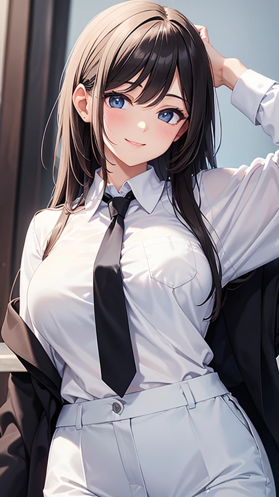 A woman wearing a white shirt and black slacks tie smile