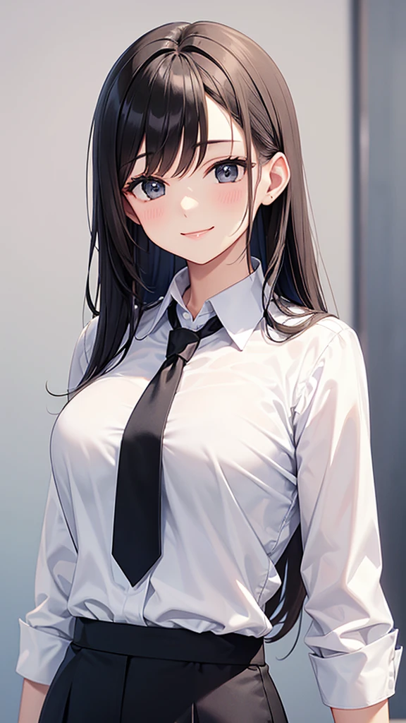 Black Skirt, suspenders, Brown hair Gray eyes, Garter belt on the legs, Tight clothing, internal Moderate bust holster Belt Chain hair ornaments