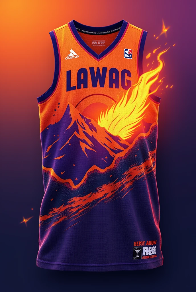Create a basketball jersey layout front and back, the design is mountain with rising sun and a torch but the fire is a burning basketball ball, the team name is LAWAG. Combinations of color is orange abd violet, base of Phoenix suns 
