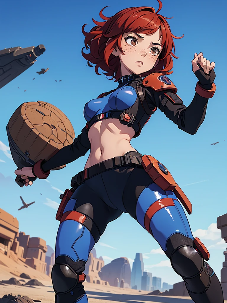 (masterpiece), (best quality), ((one girl)),alone, red hair,((brown eyes)),short curly hair, anime style, freckles, (small breast) (petite figure), blue and black cyberpunk outfit, leggings, knee pads, battle outfit, legs((desert background))