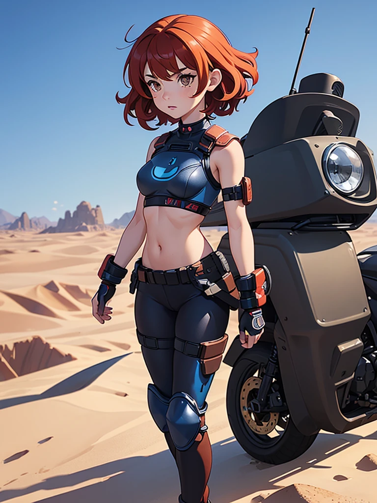 (masterpiece), (best quality), ((one girl)),alone, red hair,((brown eyes)),short curly hair, anime style, freckles, (small breast) (petite figure), blue and black cyberpunk outfit, leggings, knee pads, battle outfit, legs((desert background)) 