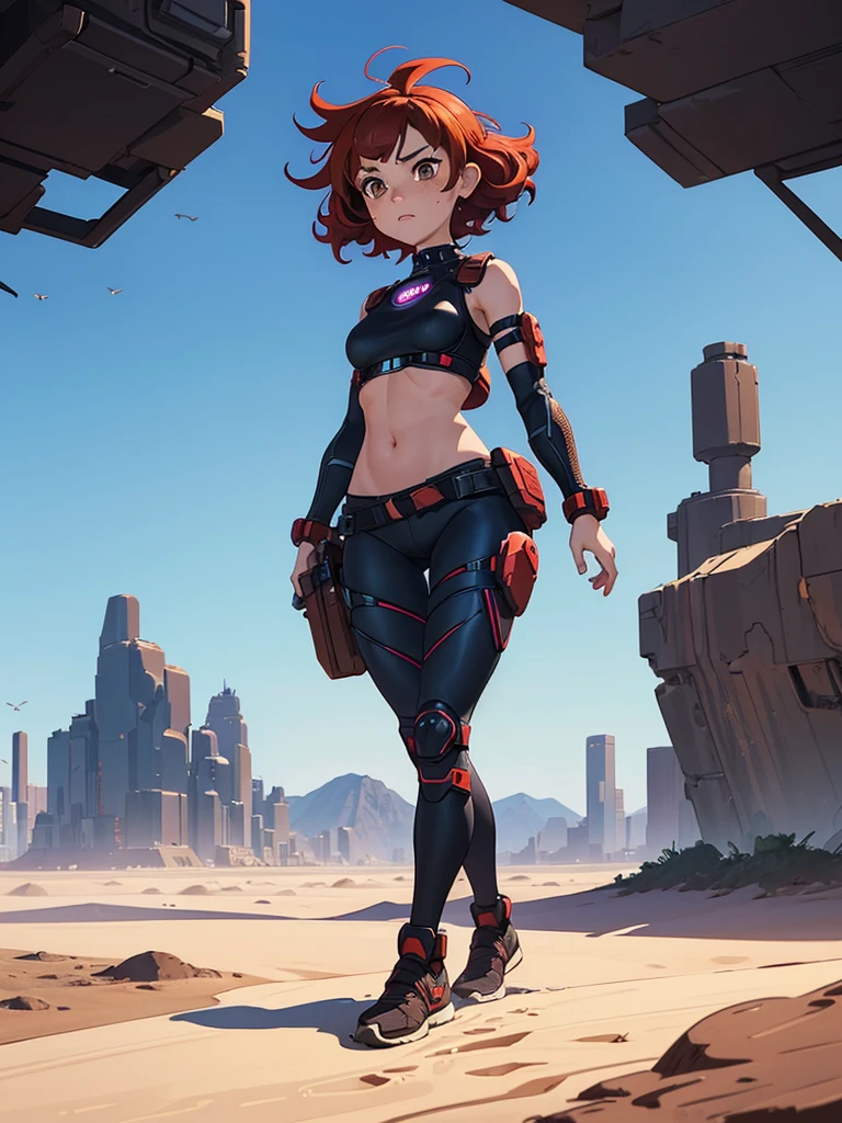 (masterpiece), (best quality), ((one girl)),alone, red hair,((brown eyes)),short curly hair, anime style, freckles, (small breast) (petite figure), blue and black cyberpunk outfit, leggings, knee pads, battle outfit, legs((desert background))