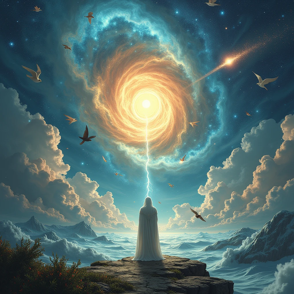 stars , galaxies , outer space, light Beginning of creation , Water , officer , sun , land , birds , rain, thunders , marine and terrestrial animals ,vegetation , ice , fire , big waves, animals There are no humans 