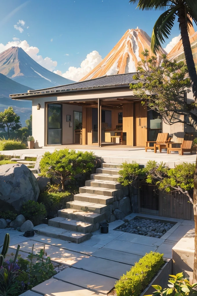 small and beautiful modern house in top of big boulders, terraces, pool, stairs, multiple cacti gardens, palms, trees, rocks, beautiful landscape design, mountains and volcano y background, amazing clouds, sun, moon, planets, milky way galaxy, concrete, wood, glass and steel materials, olive green, violet, orange and withe colors in facade