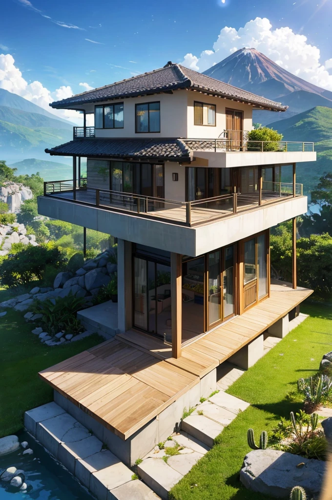 small and beautiful modern house in top of big boulders, terraces, pool, stairs, multiple cacti gardens, palms, trees, rocks, beautiful landscape design, mountains and volcano y background, amazing clouds, sun, moon, planets, milky way galaxy, concrete, wood, glass and steel materials, olive green, violet, orange and withe colors in facade