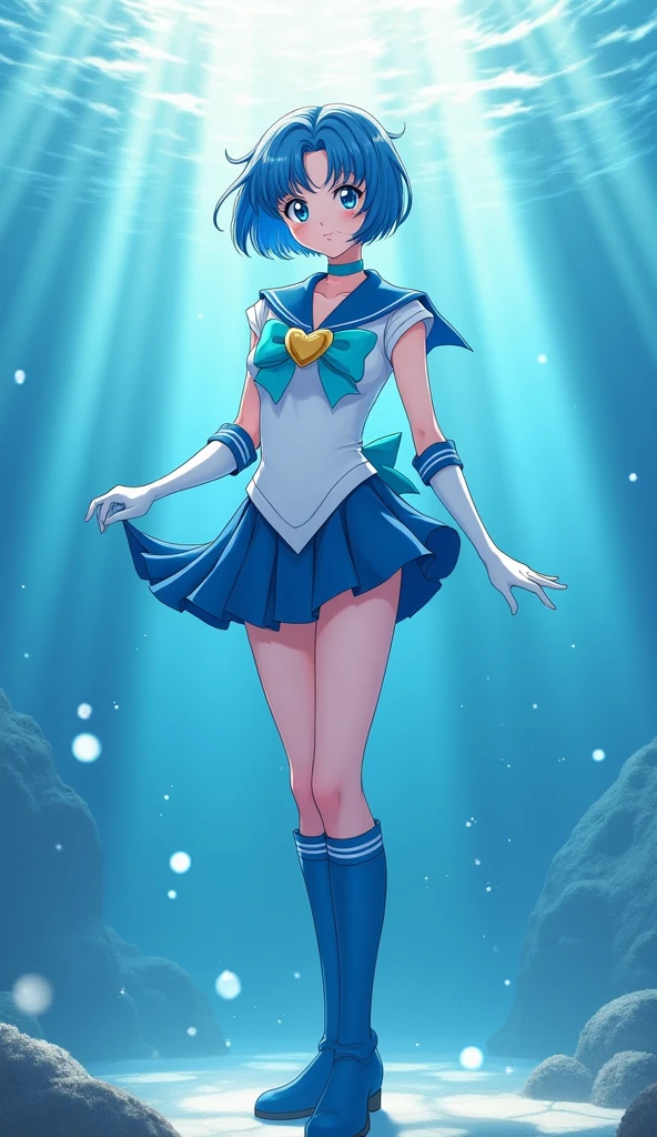 "Generate an image of Ami Mizuno from Sailor Moon in her Super Sailor Mercury form. She should be standing confidently, with her short blue hair styled in a sleek bob. Her outfit is a white sailor-style uniform with a blue collar, a light blue bow on her chest with a golden heart-shaped brooch, and a pleated skirt. She wears knee-high blue boots and white gloves with blue accents. She should be holding her Aqua Harp, with water elements swirling around her. The background should be an underwater scene, with shimmering light filtering through, creating a calm and serene atmosphere.", high quality, (RAW photo, best quality), (realistic, photorealistic: 1.4), (extremely delicate and beautiful: 1.4), amazing, fine details, masterpiece, ultra detailed, high resolution, best illustration, best shadow, intricate, ( extremely intricate: 1.2), (exquisitely detailed skin), cinematic light, perfect anatomy, (cool color: 1.4), sharp focus, 8k UHD, DSLR, (Fujifilm XT3),(iluminación cinematográfica :1.4), (pose americano :1.4), (skirt lifted by itself: 1.4 ), (skirt lift: 1.4 ), (showing white : 1.4 ), (colores brillantes), (mostrando pantiesie :1.4), (estilo encaje lingerie transparente :1.4), (6D:1.4 ),( sexy pose sens seductive :1.4)