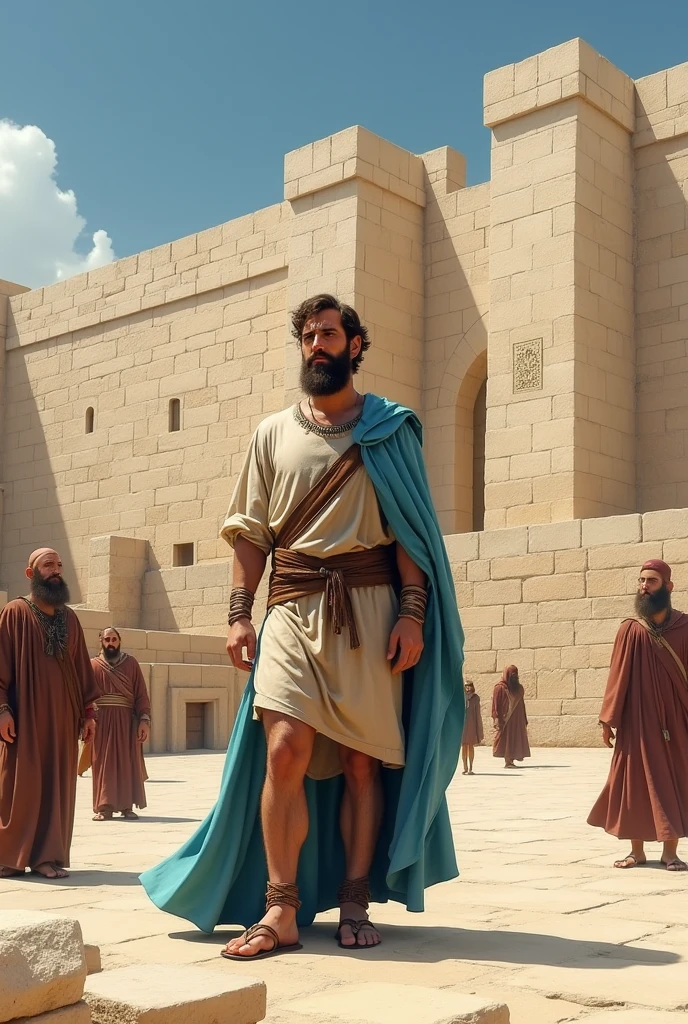A Caucasian man with a beard and brown hair, thesis clara, bone-colored tunic dress with elbow-length sleeves, short brown skirt, sandals with strings up to the shins, Sky blue cloak, in front of him there is a large temple with tall, elongated walls of large white-ochre stones, Just like the Wailing Wall and the Jewish Temple of the 1st century, Nearby you can see people in Jewish robes and cloaks and around there are small stone Jewish houses from 1st century Jerusalem.