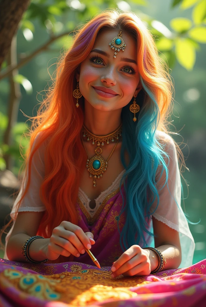 Indian Rapunzel is happy and applying henna paste on her long rainbow hair