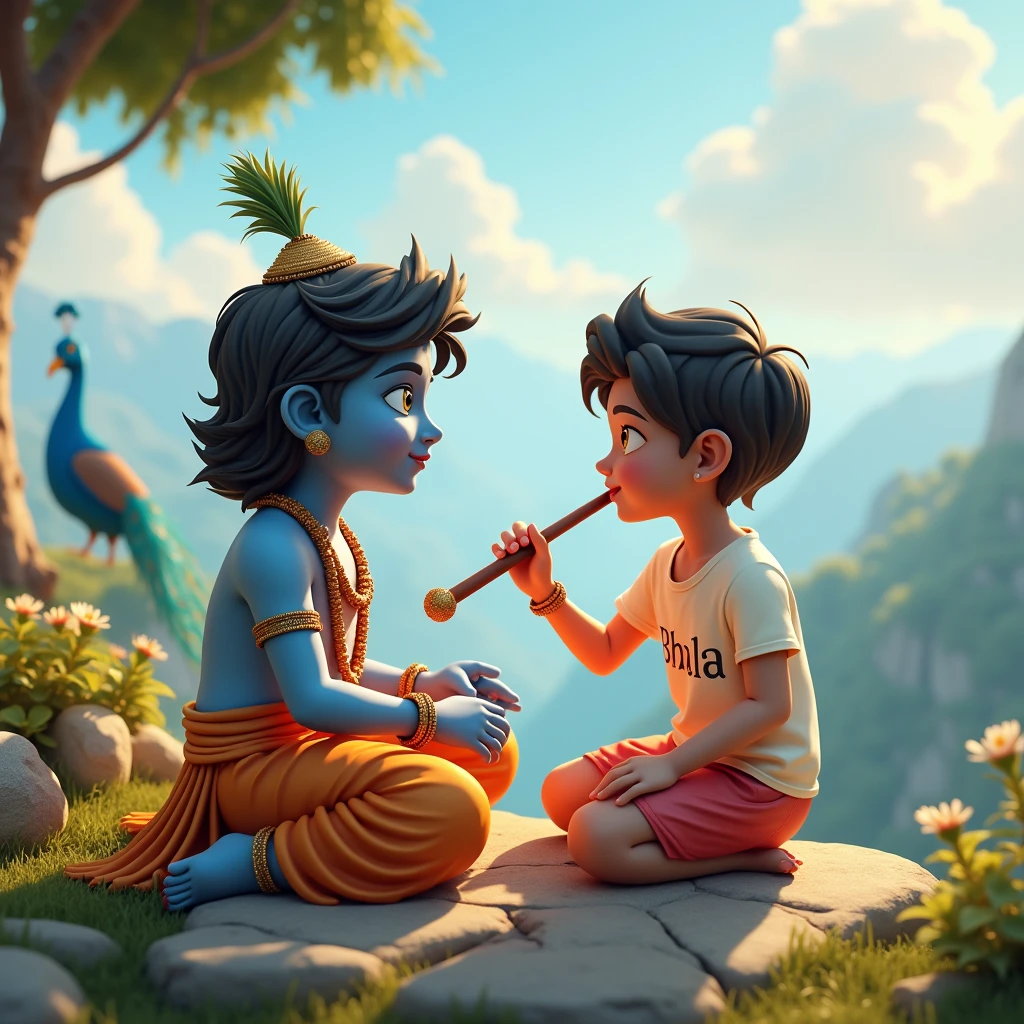 create a 3d image of 20 year old Indian devotional boy who is sitting next to krishna ji and Krishna ji playing the flute, they both sit together on the mountain,boy wearing T-shirt Name "bhala" written on it, heaven like beautiful view background, peacock dancing,realistic image and boy is in barefoot.