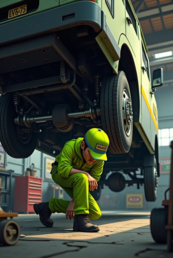 Person in a fluorescent green cap and work uniform checking the back of a large truck in a mechanic&#39;s workshop, focused on the vehicle&#39;s suspension and chassis, with an industrial atmosphere and visible tools.