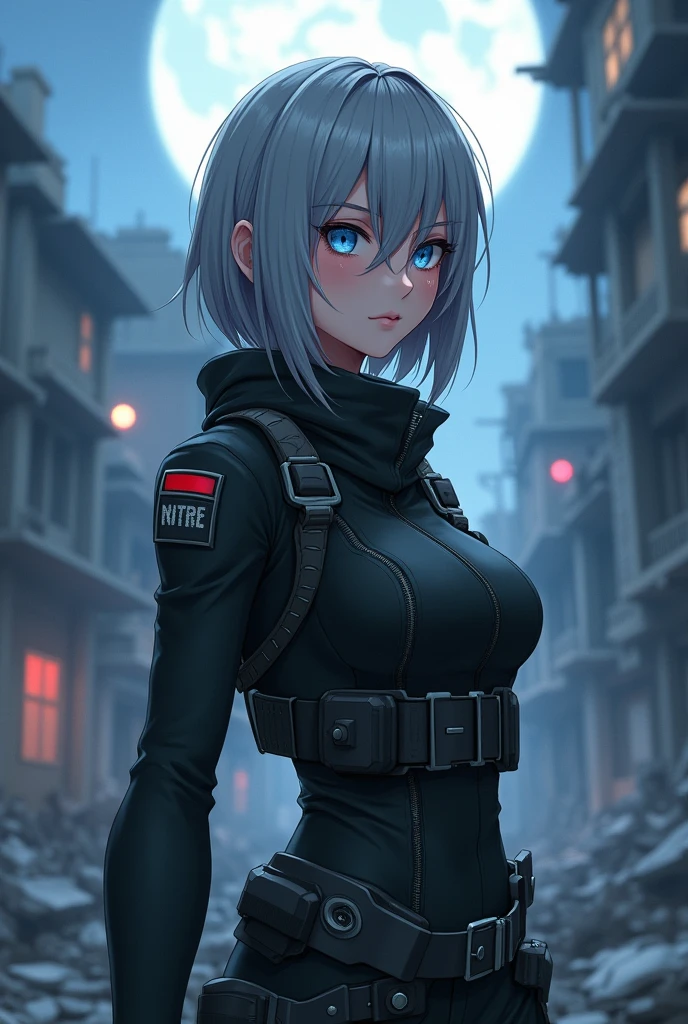 4K anime style quality, digital drawing mode, post-apocalyptic-themed anime female character, medium silvery hair slightly covering one of her intense blue eyes, wearing a tactical outfit, standing in a desolate urban landscape with crumbling buildings in the background, moonlight casting shadows, radiant skin, stoic and protective expression, full body, dynamic pose, life size, perfect anatomy, detailed skin texture, full HD, 4K, HDR, perfect anatomy, depth of field."