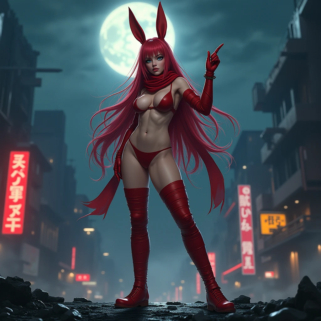 A stunning and powerful depiction of Kekko Kamen, the legendary Japanese female superhero character known for her unconventional attire a female superhero whose costume consists solely of red boots, gloves, scarf and a mask with long bunny-like ears., which leaves her body nude. In this particular artwork, Kekko's athletically figure is on full display Her long, flowing hair is a vibrant red, cascading down her back as she stands in a heroic pose, one hand on her hip and the other pointing to the sky. Her piercing eyes are a deep shade of blue, filled with a fiery determination. The background is a stark contrast to her vibrant figure, with the darkened hues of a moonlit night setting the stage for her daring battle. The light from the moon casts a soft glow on her curvaceous form, highlighting the definition of her muscles as they ripple with every movement. She stands atop a crumbling rooftop, surrounded by the chaos of a city in turmoil, with neon lights flickering in the distance. The shadows play upon her skin, giving the illusion of a nude silhouette, while the bandages cling to her body, revealing just enough to keep the mystery alive. The image captures the essence of Kekko's strength and sexuality, as she stands ready to face whatever challenges come her way. The composition is a masterful blend of eroticism and empowerment, showcasing Kekko Kamen as the epitome of unbridled female energy and the ultimate guardian of justice.