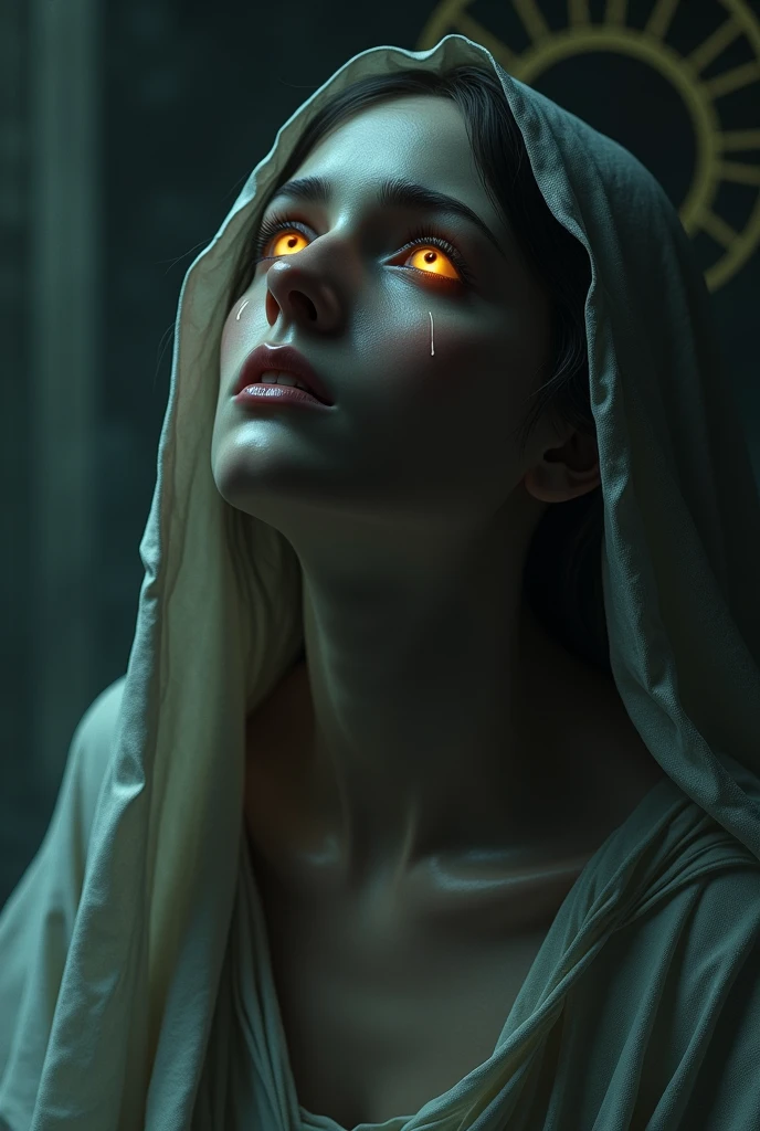 (photorealism:1.2), Virgin Mary the sorrowful with open and white eyes