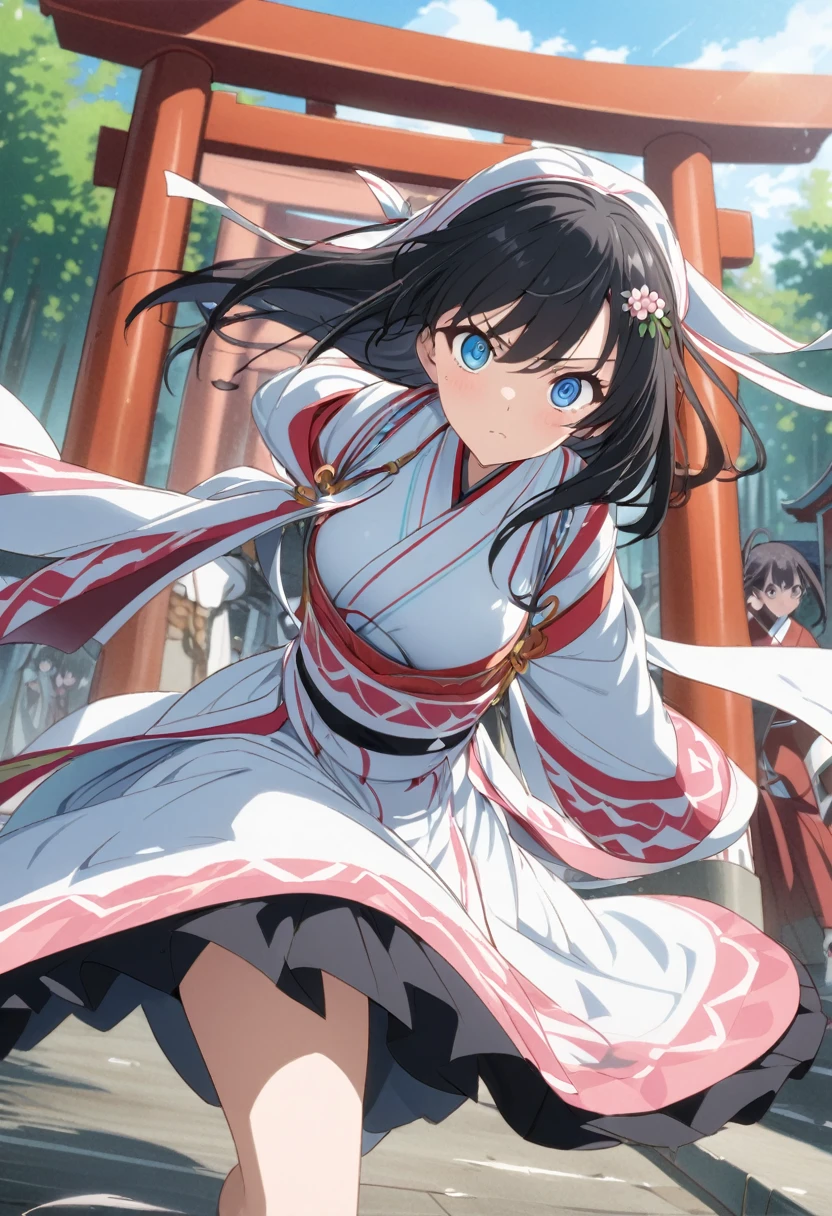 Iris、Beautiful eyes、Big eyes、Tree Eyes、Sidelong glance、Black Hair、Senbon Torii gates in the background、running、Beautiful hair ornament、White Shrine Maiden Clothing、anime、Masterpiece、Colored pencil、