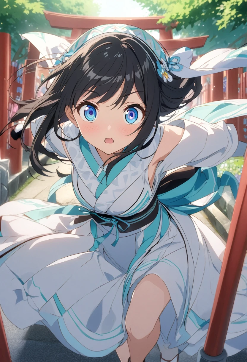 Iris、Beautiful eyes、Big eyes、Tree Eyes、Sidelong glance、Black Hair、Senbon Torii gates in the background、running、Beautiful hair ornament、White Shrine Maiden Clothing、anime、Masterpiece、Colored pencil、