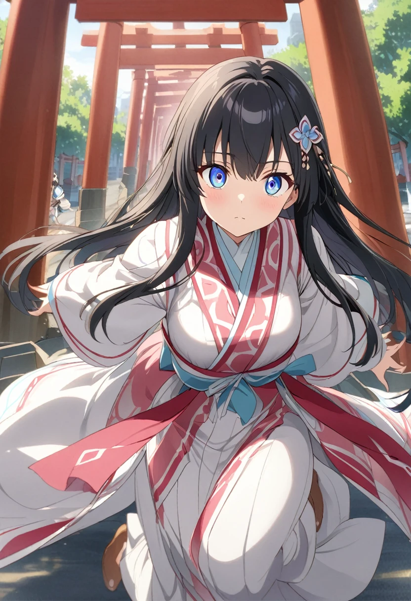 Iris、Beautiful eyes、Big eyes、Tree Eyes、Sidelong glance、Black Hair、Senbon Torii gates in the background、running、Beautiful hair ornament、White Shrine Maiden Clothing、anime、Masterpiece、Colored pencil、
