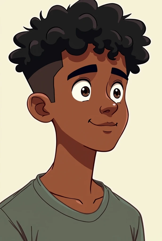 age male character, 2d style of the Total Drama series, brown skin and very short hair cut on the sides, curly type 3a black, serene gaze