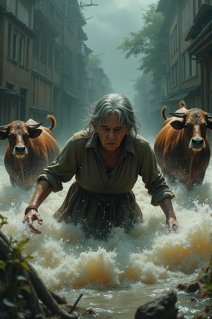 An old woman is swept away by the flood waters, with two cows beside her