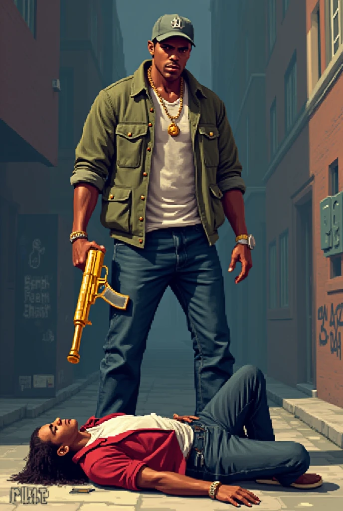 Create me a Pixart image of Cj from GTA with a golden gun and a man on the floor lying down 