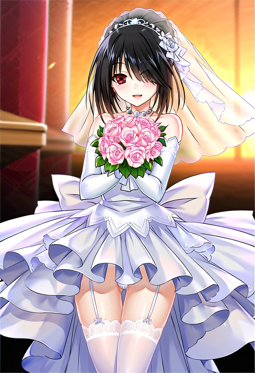 tokisaki kurumi,((masterpiece)),(((best quality))),((ultra-detailed)),((illustration)),((disheveled hair)),((frills)),(1 girl),(solo), 1girl, ass, black hair, blurry background, blush, bouquet, dress, flower, gloves, hair over one eye, holding bouquet, open mouth, pink flower, pink rose, red rose, rose, smile, white legwear, white rose, blurry, depth of field,Lace underwear, Wearing lace underwear, There is no skirt, Showing thighs, White stockings, Lace stockings,full shot,Rating:safe,
