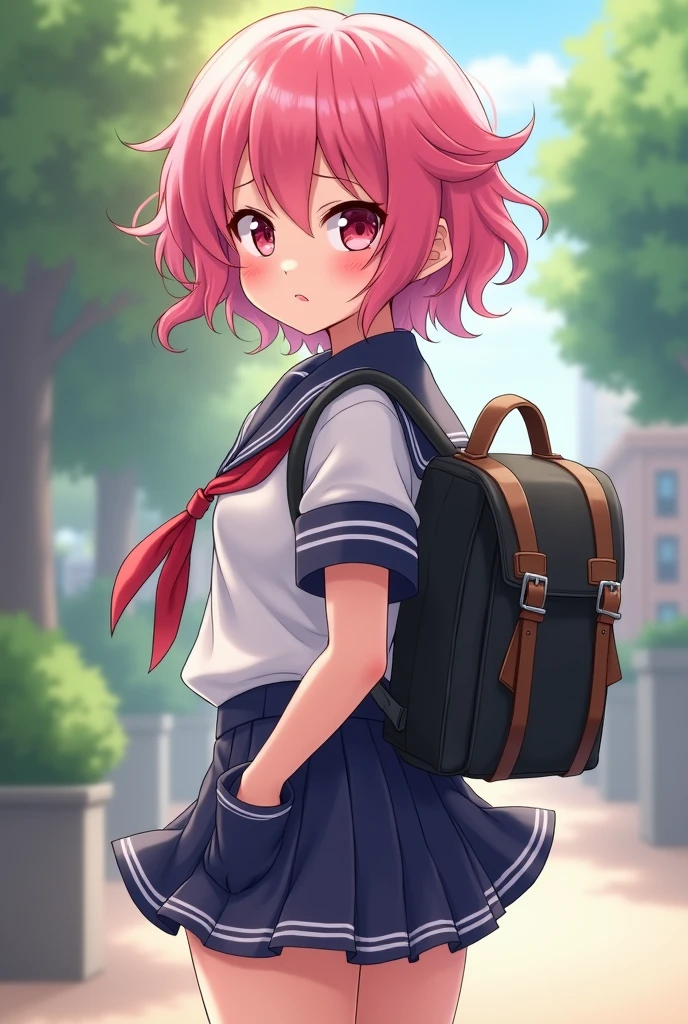(Masterpiece), short hair, 1girl, floofy hair, curly hair, brat, tsundere, short slirt, highschool uniform, school girl, tie, embarrassed, blushing, wobbly mouth, (angry), from behind, pink hair, looking at viewer, outside, backpack, panties, sexy.