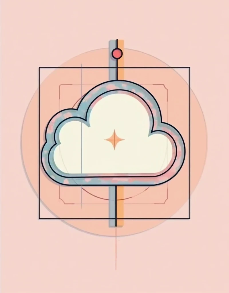 Centered, Vector illustration, Icon, cloud, pink background, Asymmetric, Irregular, Colorful pastel, 80s Escher, Flat design, Thin black line art, Pastel background, Square outline, Colorblocked, Doodle, Geometric