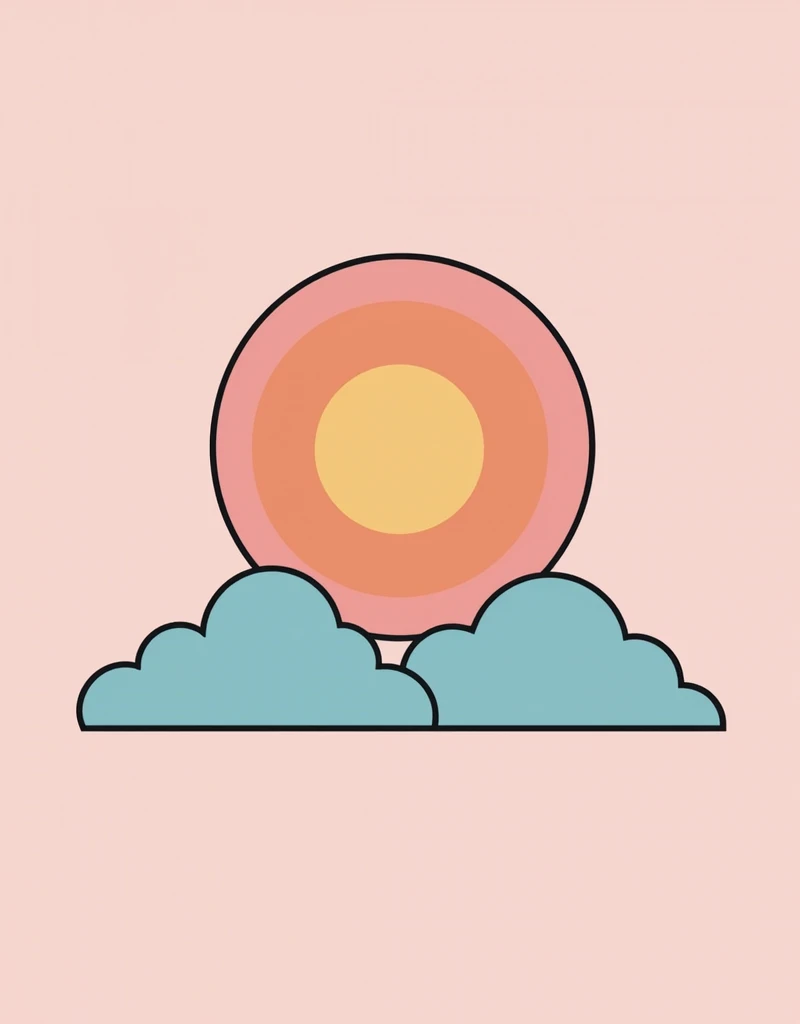 Centered, Vector illustration, Icon, cloud, pink background, Asymmetric, Irregular, Colorful pastel, 80s Escher, Flat design, Thin black line art, Pastel background, Square outline, Colorblocked, Doodle, Geometric