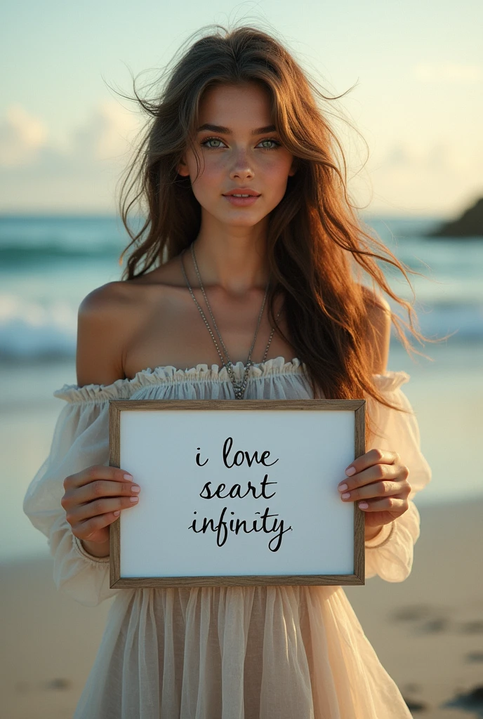 Beautiful girl with wavy long hair, bohemian dress, holding a white board with text "I Love Seaart Infinity" and showing it to the viewer