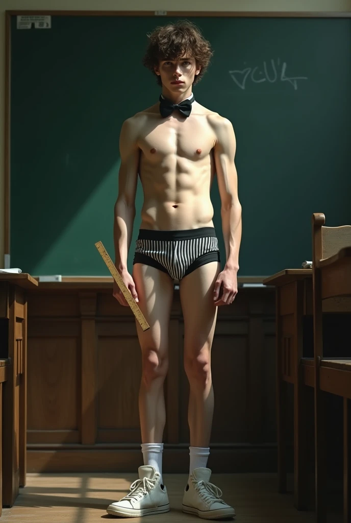 1boy, bulgej8, full body shot, full body angle visible from head to toe, full hd, arms detail, body detail, legs detail, face detail, feets detail, feet on the floor, hands detail, curly hair, shaggy hair, slender body, soft thin face, standing in dynamic pose, wearing striped underwear, sneakers and white socks, in front of a board, in a school room, with a ruler in hand, no shirt, with a bow tie, dramatic lighting, full body, body hairless, dominating, white or white skin, boy soft face, gighly light, highly detailed, looking at the audience, photography, detailed skin, real person, crazy detail, hype maximization, lighting complex detail , Highly detailed, Digital painting, artstation, concept art, smooth, sharp focus, illustration, Unreal Engine 5, art by Ross Tran and Greg Rutkowski and Alphonse Mucha, Show men only .8k Ultra HD, dslr, dim lighting, high quality, film grain, Fujifilm XT3, 2-person, two-person model. hype surrealism, hype surrealism, by Shen Quan, perfect body, beautiful young male model, an attractive man 18-2 aesthetic, Sunshine sports student, asianboy, bulgej8, Noosphere, fantasy dark, light and cold aesthetics,