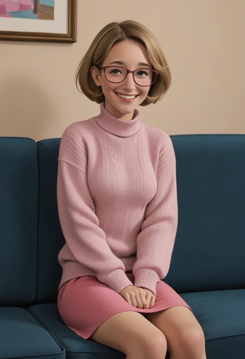 score_9, slMrsStoppable, pink sweater, pink skirt, glasses, solo, 1 girl, sitting on sofa, shy, seductive smile, aroused, 