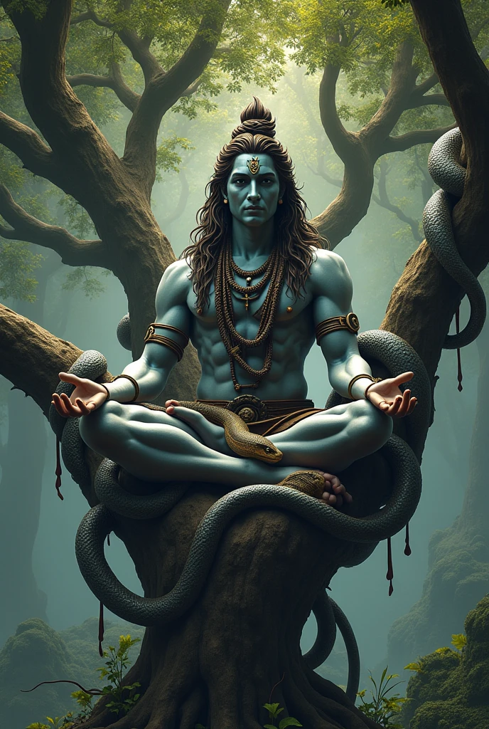 Shiva is sitting on a tree with many snakes.