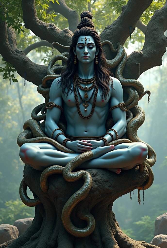 Shiva is sitting on a tree with many snakes.