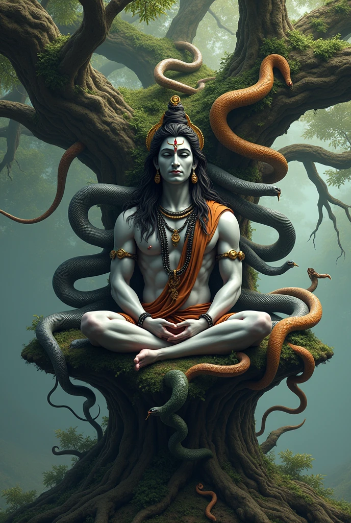 Shiva is sitting on a tree with many snakes.