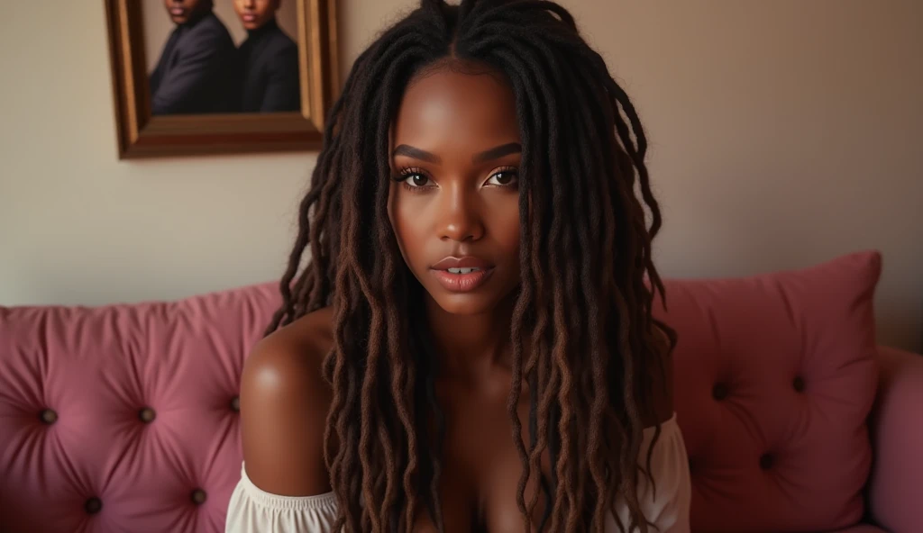 A stunningly beautiful African American woman with long brown dreadlocks with highlights on the ends sitting on a pink sofa with a framed photo of a handsome African American 2 man, she is looking sexy & sensual, realistic